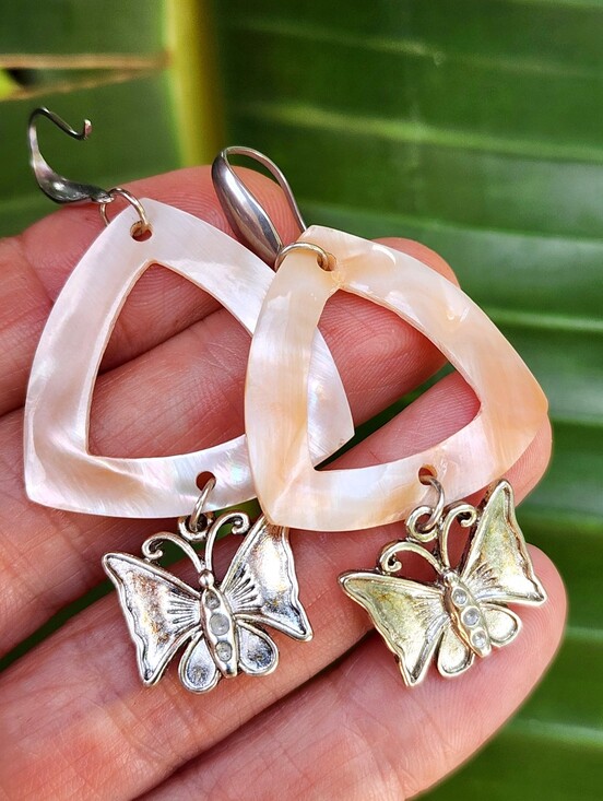 Mother of Pearl Jewelry - Natural Mother of Pearl Stone Boho Butterfly Silver Earrings Designer jewelry
